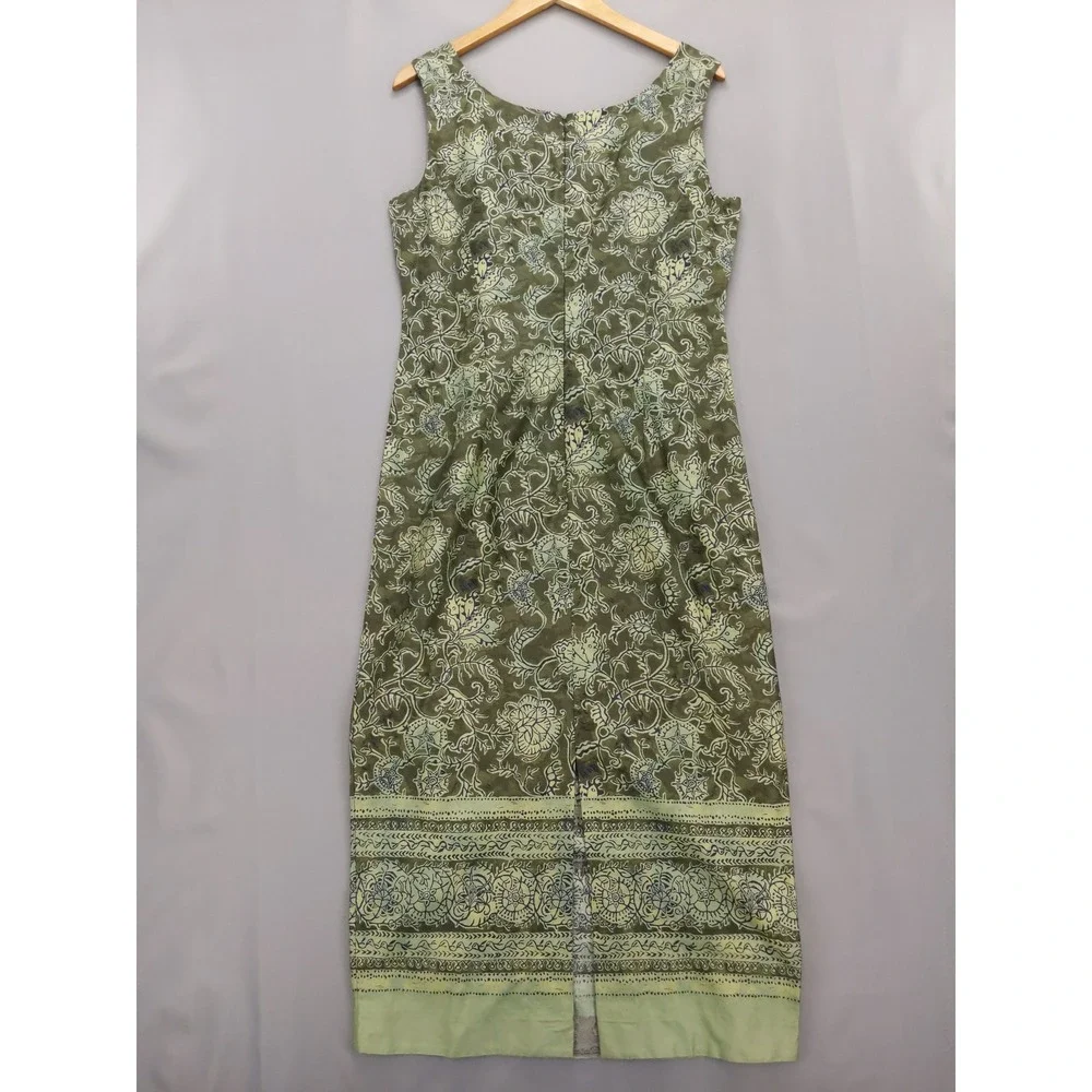 Peruvian Connection Sheath Dress 12 Green Floral Pima Cotton Midi Sleeveless - Picture 5 of 8